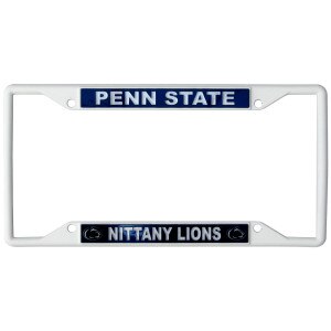 white license plate frame with Penn State Nittany Lions on navy background